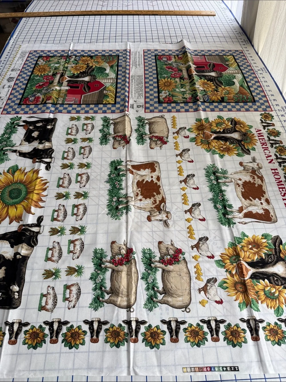 Vintage Joan Kessler American Homestead Appliques Fabric Panel Concord Farm Cow